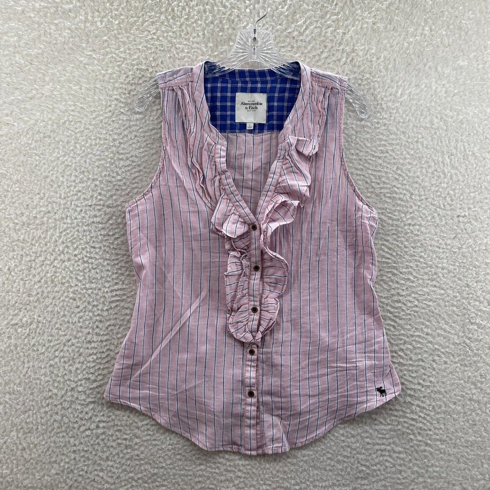 Abercrombie & Fitch Pink Blue Pinstriped Linen Blend Ruffle Vest Blouse L Large
